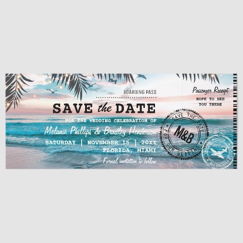 Beach Wedding Save the Date Boarding Pass Tickets