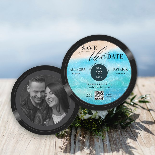 Beach Wedding Save the Date Music Lover Record QR (beach wedding save the date photo musician music lover vintage vinyl record sand ocean QR code)