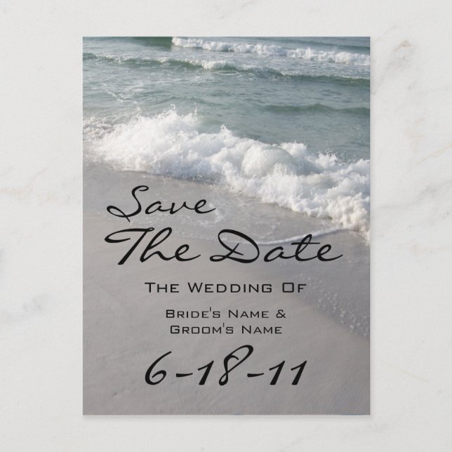 Beach Wedding Save The Date - Ocean Waves & Sand Announcement Postcard (Front)
