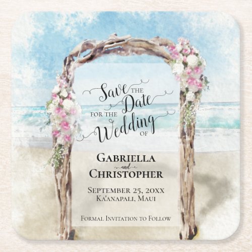 Beach Wedding Save the Date Pastel Watercolor Square Paper Coaster