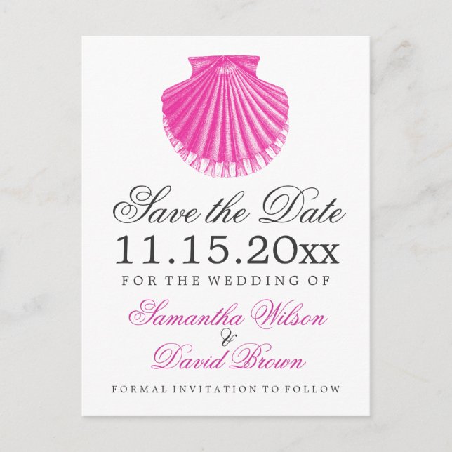 Beach Wedding Save The Date Scallop Shell Pink Announcement Postcard (Front)