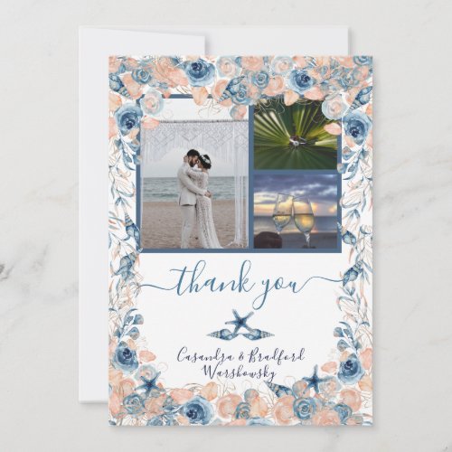 Beach Wedding Seashell and Roses Photo Thank You 