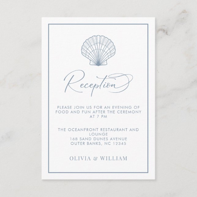 Beach Wedding Seashell Dusty Blue Reception Enclosure Card (Front)