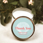 Beach Wedding Seashell Thank You Aqua Coral Pink Classic Round Sticker<br><div class="desc">This beach wedding design features a vintage white scallop shell illustration on an aqua blue background,  with the words "Thank You" superimposed in a bold modern coral pink font. Personalize it with the bride and groom's names and wedding date.</div>