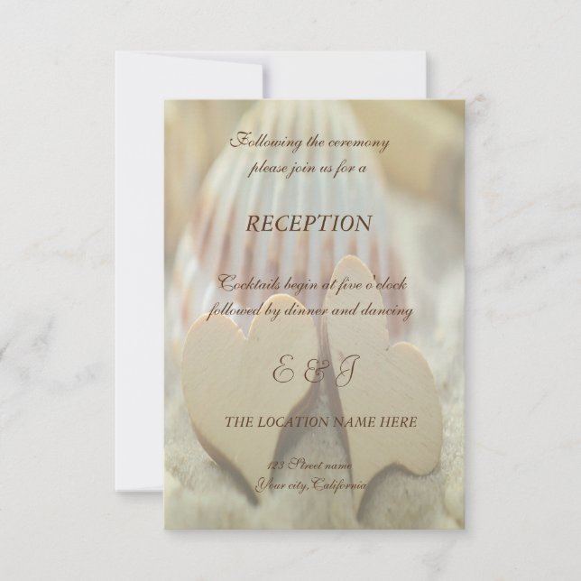 Beach  Wedding,,Seashell,Wood Hearts  Reception Invitation (Front)