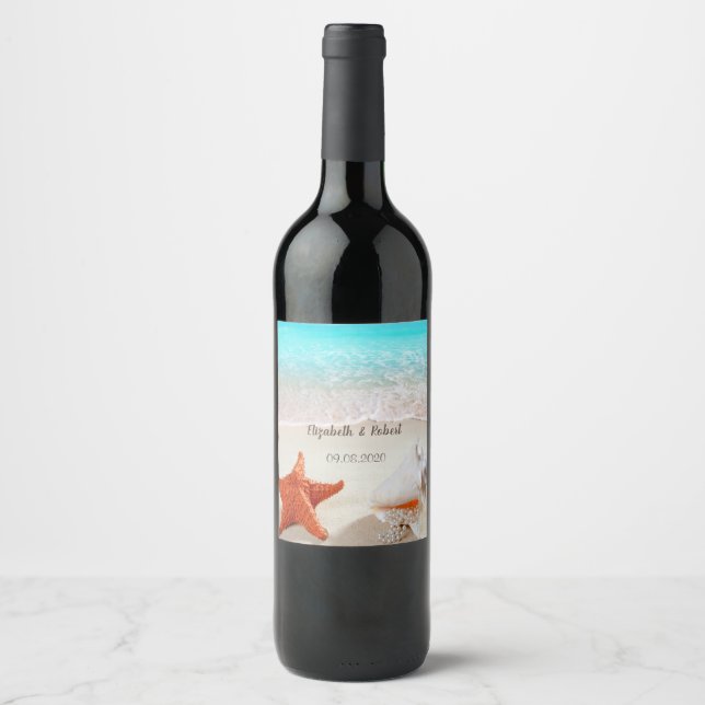 Beach Wedding Seashells Wine Label (Front)