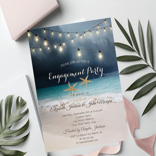 Beach Wedding Seastars String Lights Engagement Invitation