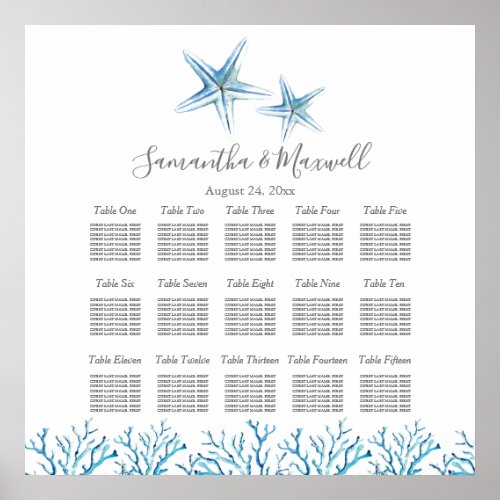 Beach Wedding SEATING CHART Starfish Coral Poster