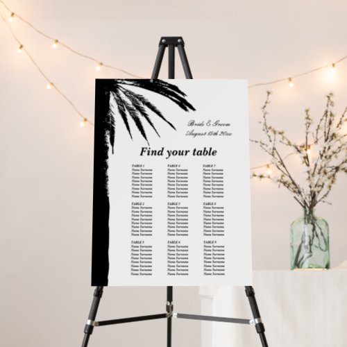 Beach wedding seating chart with palm tree logo foam board
