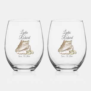  Beach Wedding Shell & Rings Personalized  Stemless Wine Glass