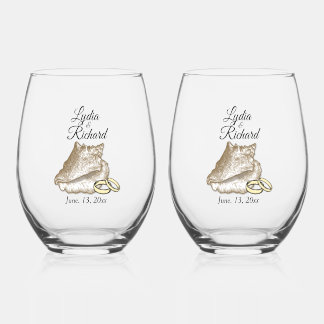  Beach Wedding Shell & Rings Personalized  Stemless Wine Glass