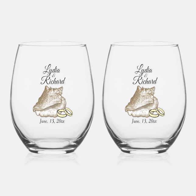  Beach Wedding Shell & Rings Personalized  Stemless Wine Glass (Front)