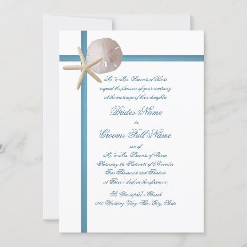 Beach Wedding Starfish and Sand Dollar Blue Custom Announcement