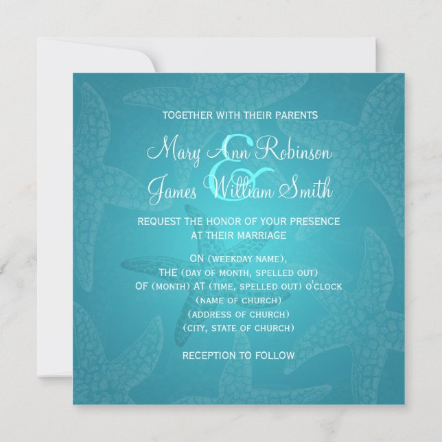 Beach Wedding Starfish Blue Invitation (Back)