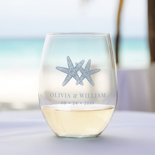 Beach Wedding Starfish Dusty Blue Stemless Wine Glass