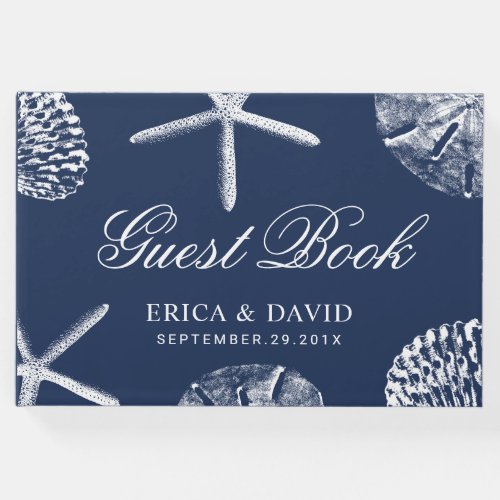 Beach Wedding Starfish  Sand Dollar Navy Blue Guest Book