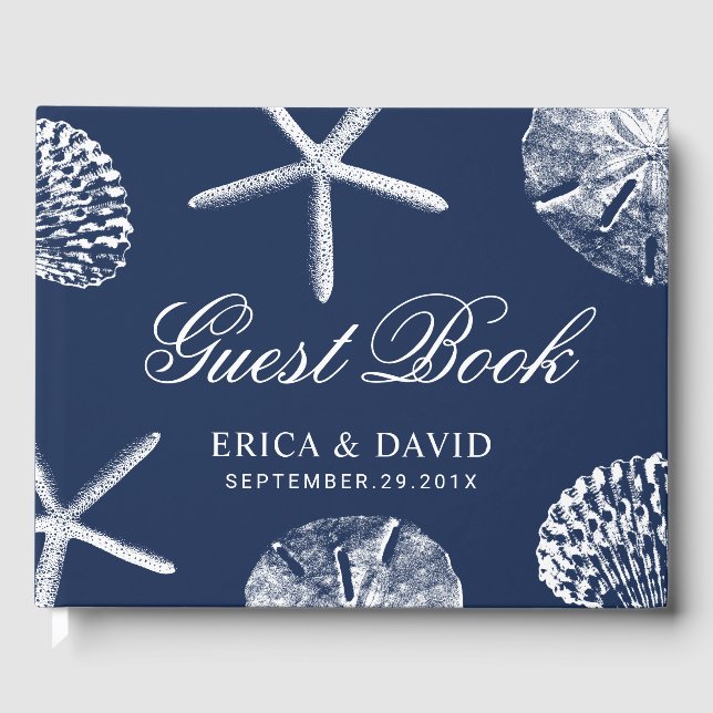 Beach Wedding Starfish & Sand Dollar Navy Blue Guest Book (Front)