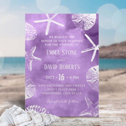 Beach Wedding Starfish Seashell Purple Watercolor Invitation