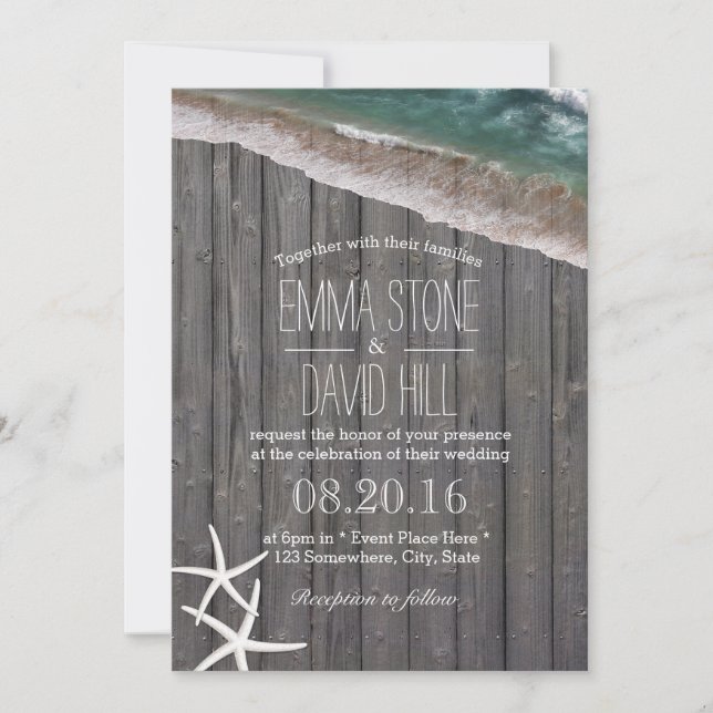 Beach Wedding Starfish & Waves Rustic Wood Invitation (Front)
