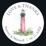 Beach Wedding Stickers Template Lighthouse<br><div class="desc">Add a coastal touch to your celebration with these beach wedding stickers, featuring a hand-painted watercolor illustration of the iconic Jupiter Lighthouse. Perfect for a beach wedding in Florida, these charming stickers are ideal for sealing favor bags, gift boxes, or envelopes with a personalized thank you message. Easily customize using...</div>