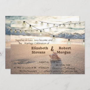Beach Wedding, String Lights,Sand, Seashell Invitation