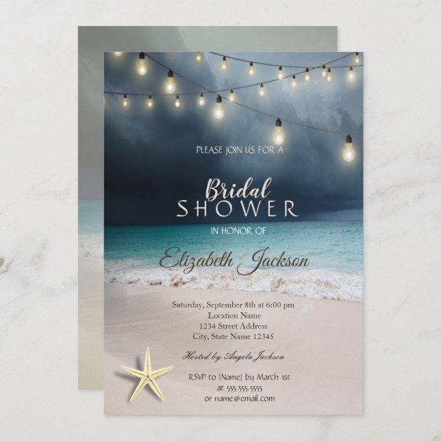 Beach Wedding String Lights Seastar Bridal Shower Invitation (Front/Back)