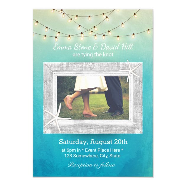 Beach Wedding String Lights Watercolor With Photo Card