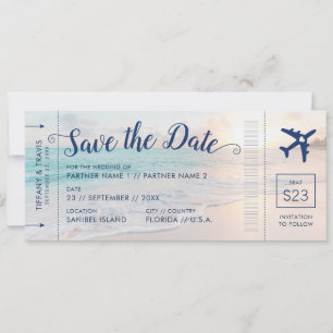 Beach Wedding Sunset Boarding Pass Save the Date Announcement