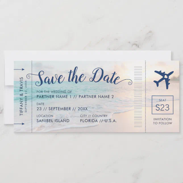 Beach Wedding Sunset Boarding Pass Save the Date Announcement | Zazzle