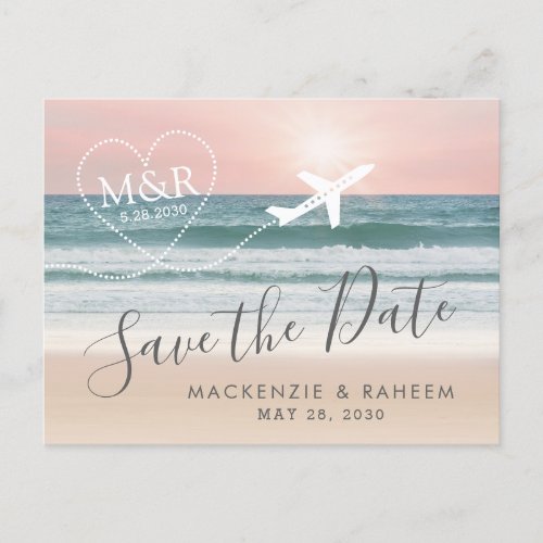 Beach Wedding Sunset Heart Airplane Save the Date Announcement Postcard
