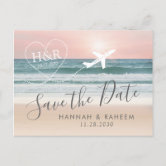 Island Beach Wedding Heart Airplane Save the Date Announcement Postcard