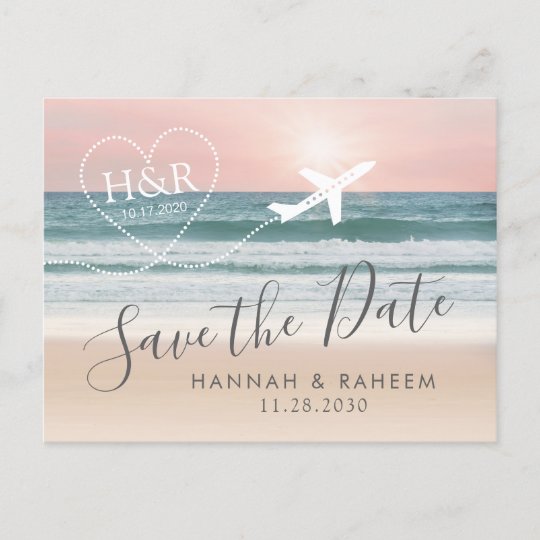 Beach Wedding Sunset Heart Airplane Save The Date Announcement