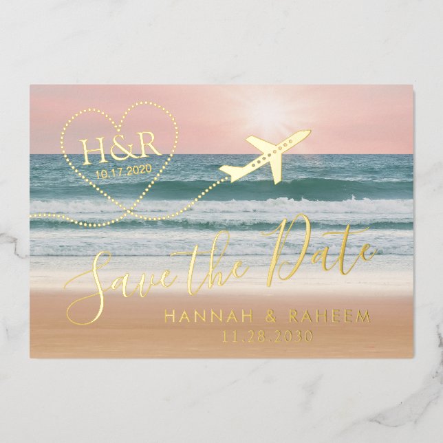 Beach Wedding Sunset Heart Airplane Save the Date  Foil Invitation (Front)