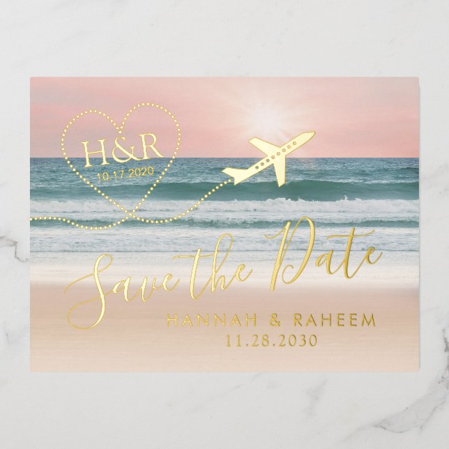 Beach Wedding Sunset Heart Airplane Save the Date  Foil Invitation Postcard (Front)