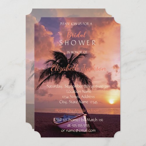 Beach Wedding Sunset Palm Boat  Bridal Shower Invitation