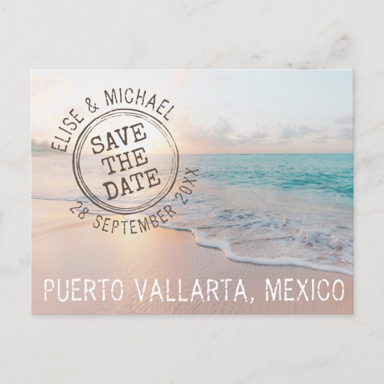 Beach Wedding Sunset Passport Stamp Save the Date Announcement Postcard