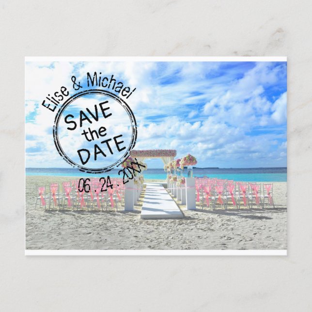 Beach Wedding Sunset Passport Stamp Save the Date  Invitation Postcard (Front)