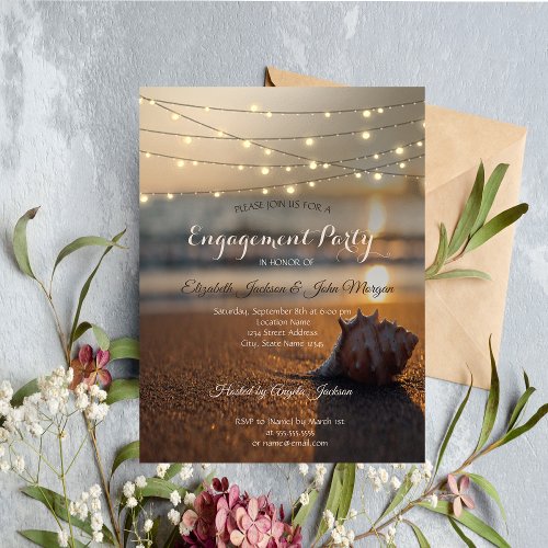 Beach Wedding Sunset Seashell Lights Engagement Invitation