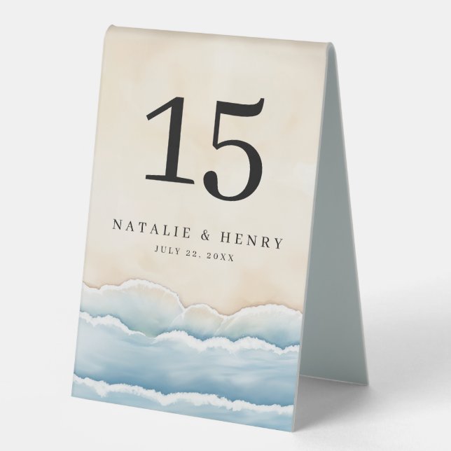 Beach Wedding Table Number Tent with Ocean Waves (Front)