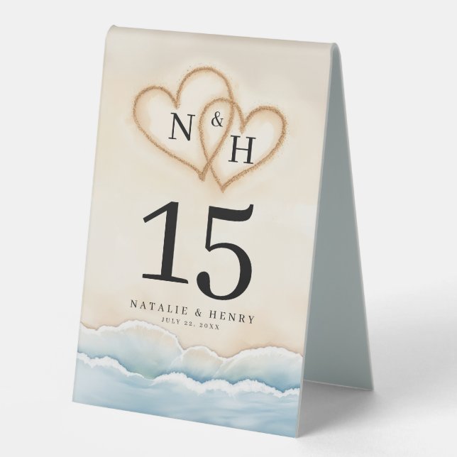 Beach Wedding Table Number with Sand Heart Design Table Tent (Front)