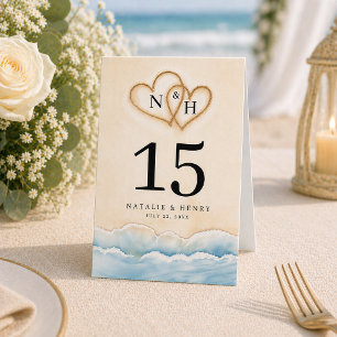 Beach Wedding Table Number with Sand Heart Design Tent