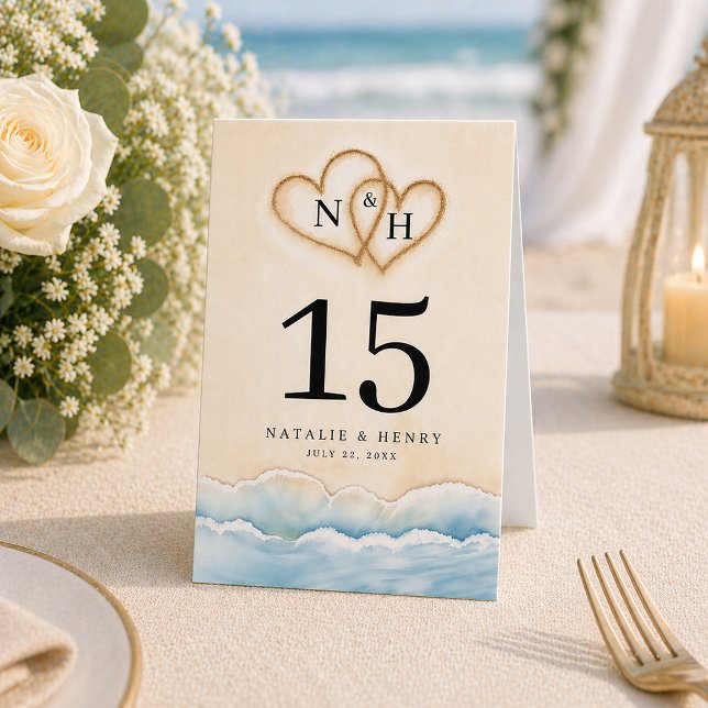 Beach Wedding Table Number with Sand Heart Design Tent (Table Number)