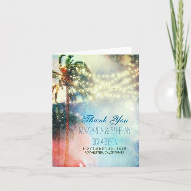 beach wedding thank you card with lights & palms (Front)