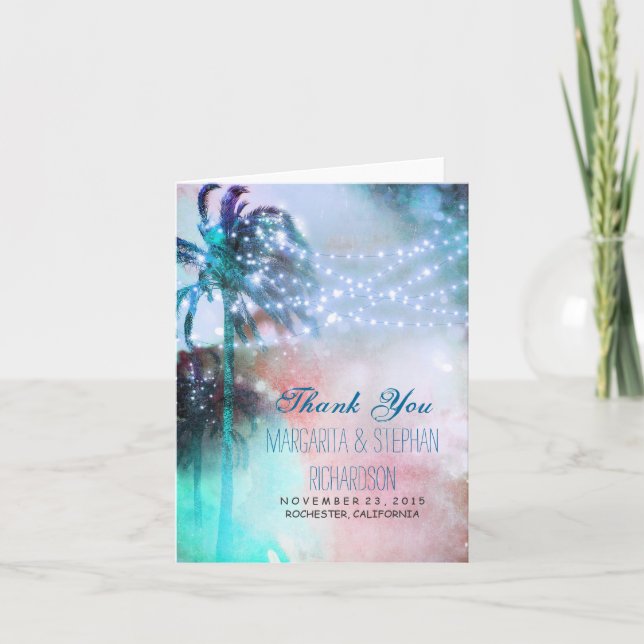 beach wedding thank you card with lights & palms (Front)