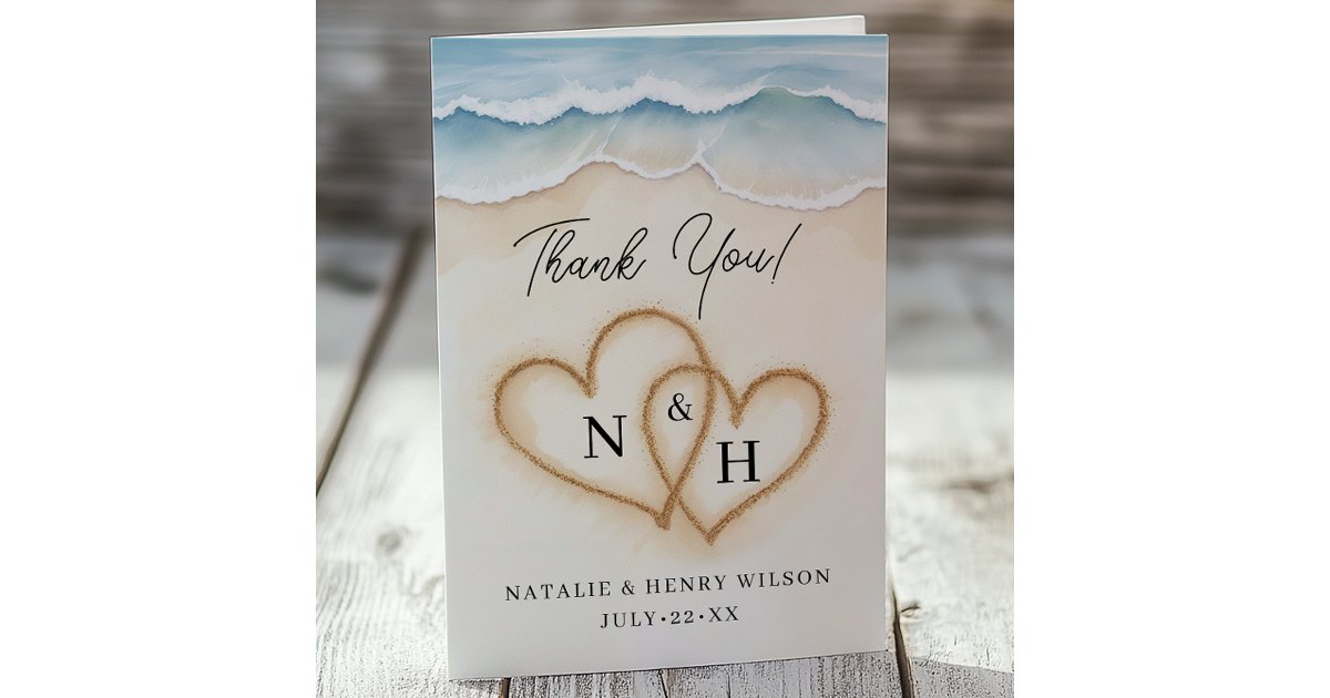 Beach Wedding Thank You Card with Sand Hearts | Zazzle