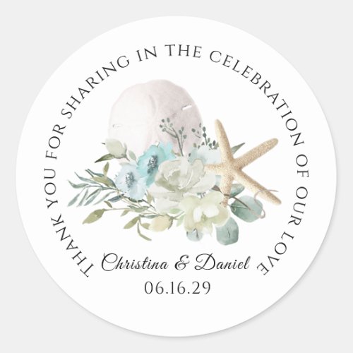 Beach Wedding Thank You Floral and Starfish Classic Round Sticker