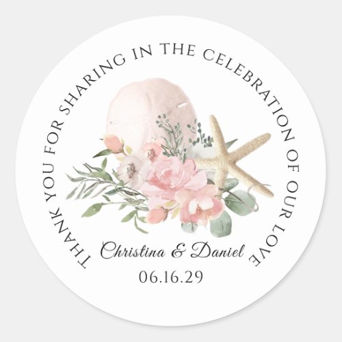 Beach Wedding Thank You Floral and Starfish Classic Round Sticker