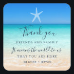 Beach Wedding Thank You Square Sticker<br><div class="desc">Our beach wedding thank you sticker is the perfect way to thank your guests for sharing in your special day. Featuring a beautiful starfish and ocean design, this sticker adds a touch of coastal charm to your wedding favors. The elegant text design adds a personalized touch to show your appreciation....</div>