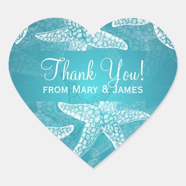 Beach Wedding Thank you Starfish Blue Heart Sticker (Front)