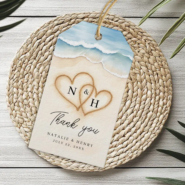 Beach Wedding Thank You Tag with Sand Hearts | Zazzle